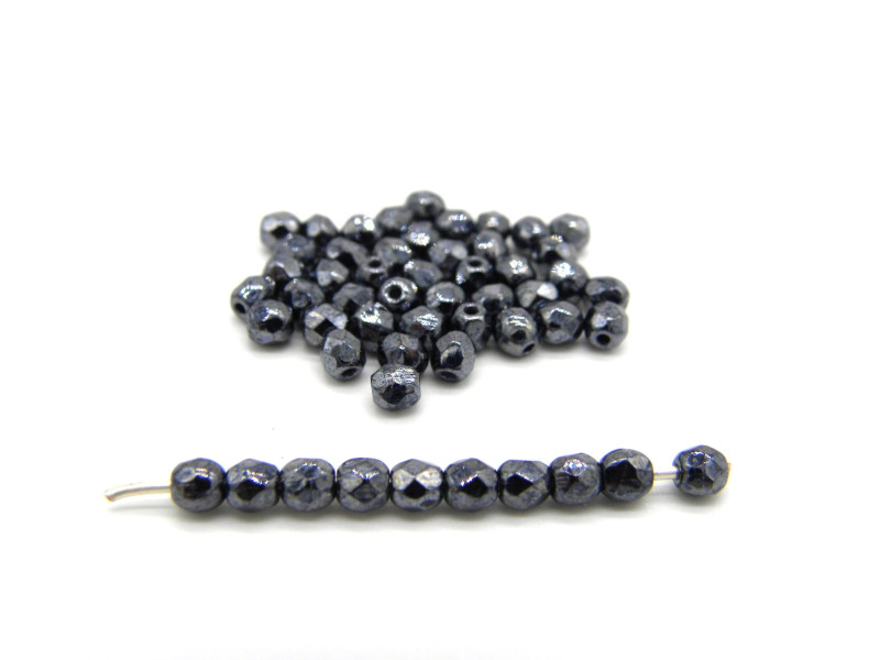 3 mm  Round Faceted Fire-polished Czech Glass Beads - Jet Haematite (80 Beads)