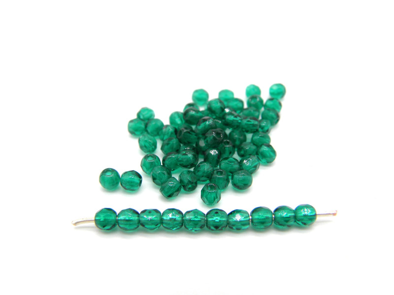 3 mm  Round Faceted Fire-polished Czech Glass Beads - Emerald Green (80 Beads)