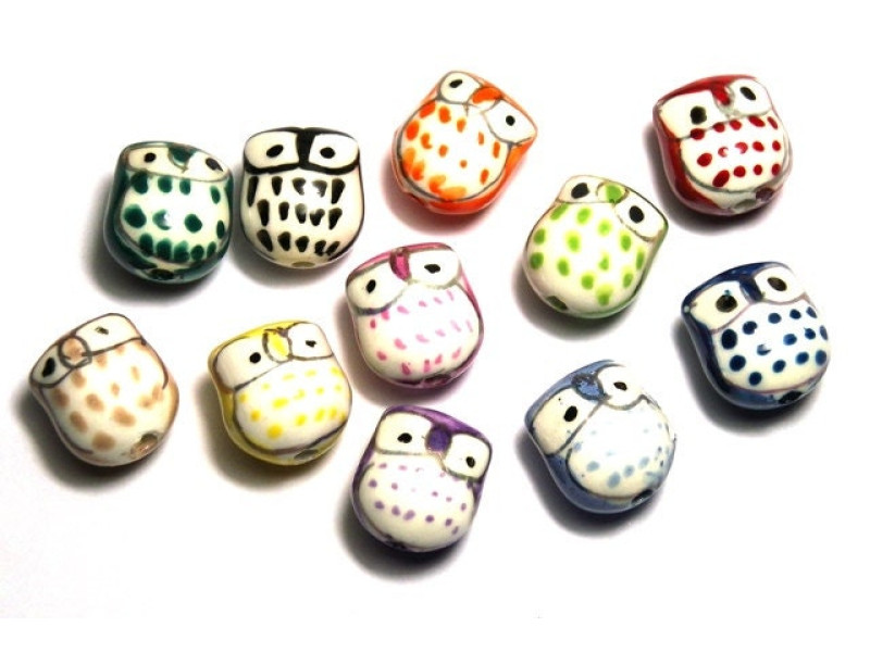 17 mm Large Hand painted Ceramic Owl Beads - Mixed Colours or Colour Pairs