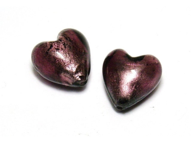 13 mm Hand-Made Heart Silver Foil Glass Beads - AMETHYST (2 pc.)