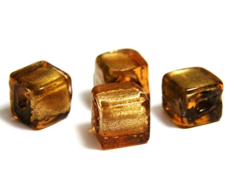 8 mm Hand-Made Cube Silver Foil Glass Beads - BROWN (5 pc.)