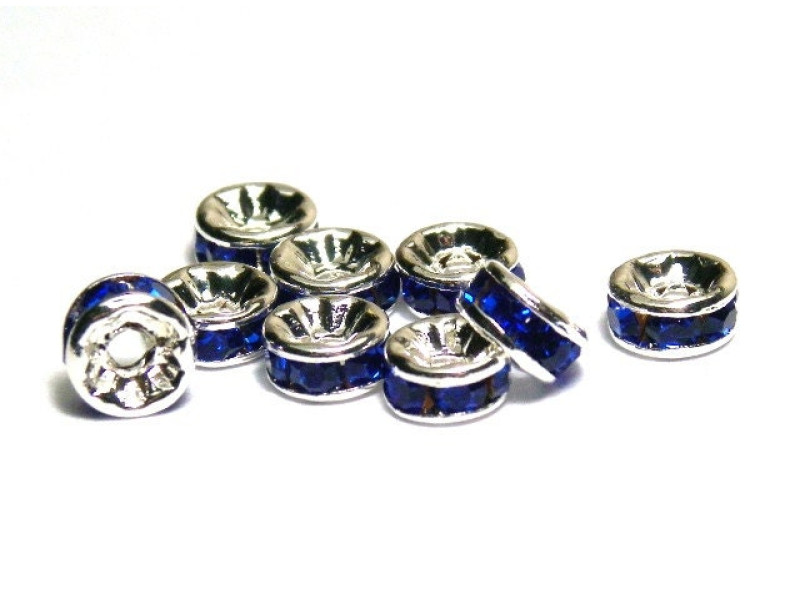 6 mm Grade A Round Rhinestone Spacers Strass Rondelles - Silver/Sapphire - 10 pc