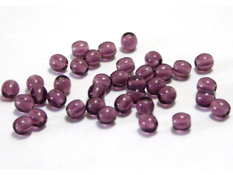 4 mm Small Round Czech Pressed Glass Beads - Amethyst Purple