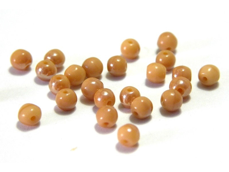 4 mm Small Round Pressed Czech Glass Beads - Light Brown Lustre