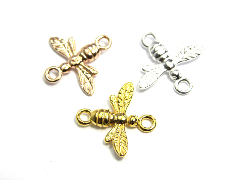 14.5 mm Solid Sterling Silver 925 Bee Charm Connector (Silver, 18 K rose gold plated and 24 K Yellow gold plated) 1 or 10 Pc.