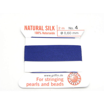 2 m (6.6 Ft/2.15 Yd) Griffin Natural Silk Bead Cord - Pearl Knotting Cord with Needle - DARK BLUE (All Sizes)